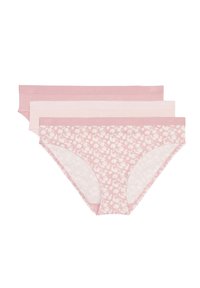 Tre par damunderkläder i rosa nyanser. Två enfärgade ljusrosa, en mönstrad med små vita blommor. Elastisk tygkvalitet, resårmidjor.
