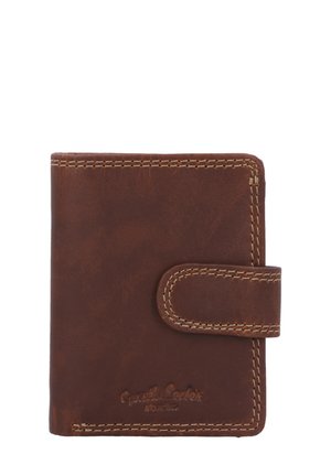 Brown leather wallet with a smooth texture, featuring a stitched edge and a flap closure. Includes embossed brand name on the surface.