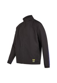 Schwarze leichte Jacke mit hohem Kragen, Frontreißverschluss und kontrastierenden blauen seitlichen Akzenten. Verfügt über ein Logo-Patch nahe dem Saum.