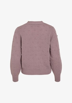 Šviesiai violetinė nertinė megztinis, kuriame yra tekstūrinis mažų pakeltų taškų raštas ir rausva apdaila. Jis turi ilgus rankovės ir apvalų iškirpimą.