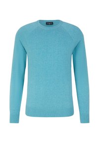 Hellblaues Strickoberteil mit langen Ärmeln, gerippten Bündchen und Saum sowie einem runden Halsausschnitt. Es zeichnet sich durch eine glatte Textur und ein minimalistisches Design aus.