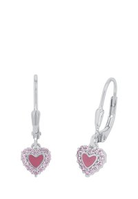 Herzförmige Ohrringe mit einem pinken Emailletiegel, umgeben von kleinen rosa Kristallen, auf silberfarbenen Klappverschlüssen.