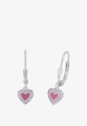 Herzförmige Ohrringe mit einem pinken Emailletiegel, umgeben von kleinen rosa Kristallen, auf silberfarbenen Klappverschlüssen.