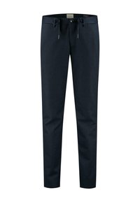 Donkerblauwe slim-fit broek met een koord in de taille, knoopsluiting en taps toelopende benen.
