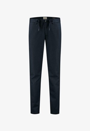 Pantaloni strâmți de culoare albastru închis, cu talie ajustabilă prin șnur, închidere cu buton și picioare conice.