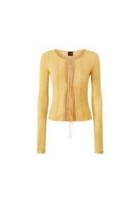 Maglietta a maniche lunghe gialla in maglia a coste con collo rotondo e dettaglio con nodo frontale. Presenta un design aderente e un tessuto morbido e testurizzato.