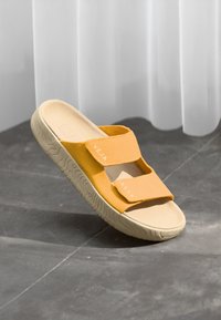 Kollane libisemise sandaalid kahe topelt kõva rihmaga, tekstuuriga kummist talla ja pehme sisemusega. Brändi logo on nähtav rihmadel.