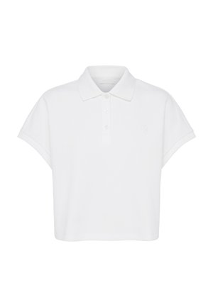 White short-sleeve cropped polo shirt with folded sleeves, buttoned placket with two buttons, and subtle embroidered logo on left chest.