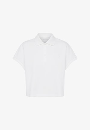White short-sleeve cropped polo shirt with folded sleeves, buttoned placket with two buttons, and subtle embroidered logo on left chest.