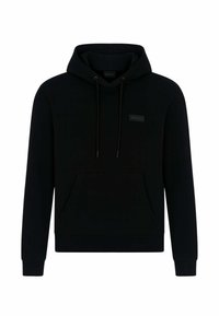 Felpa nera con cappuccio realizzata in miscela di cotone, con tasca frontale, cappuccio regolabile con cordino e un piccolo etichetta del marchio sul petto.