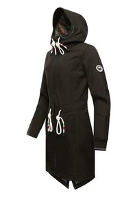 Black hooded jacket with drawstring ties and zip front, featuring a floral-patterned interior lining and a logo patch on the sleeve.