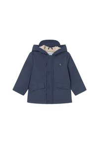 Impermeabile blu navy con cappuccio, dotato di un interno beige, bottoni frontali e due tasche a soffietto. Materiale liscio e impermeabile.