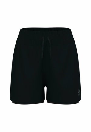 Black sports shorts made from lightweight material. Features an elastic waistband, drawstring, and a small logo on the lower right side.