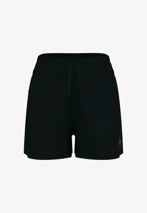 Black sports shorts made from lightweight material. Features an elastic waistband, drawstring, and a small logo on the lower right side.