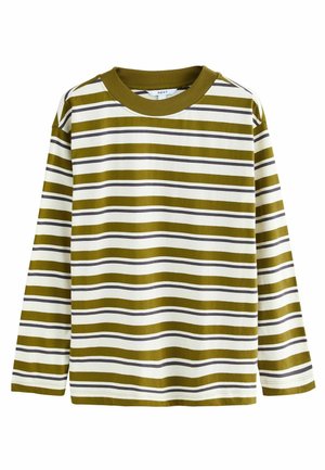 Langærmet T-shirt i olivengrøn og hvid med vandrette striber. Har en ribbet rund halsudskæring og en blød bomuldsstruktur.