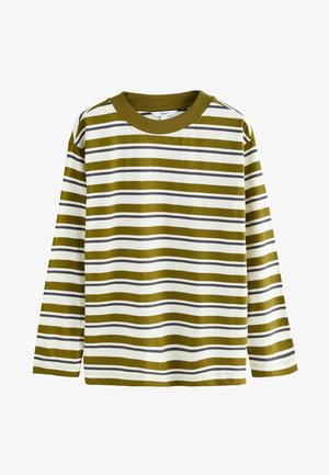 Long-sleeved T-shirt in olive green and white with horizontal stripes. Features a ribbed crew neck and a soft cotton texture.