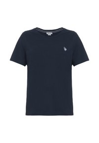 T-shirt in cotone blu navy con maniche corte, collo rotondo e un piccolo logo ricamato sulla parte sinistra del petto. Texture morbida, vestibilità casual.