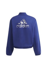 Siniväri adidas'i lühendatud sviiter, mis on valmistatud pehmest materjalist, pikas varrukas ja seljal hõbedane logo graafika.