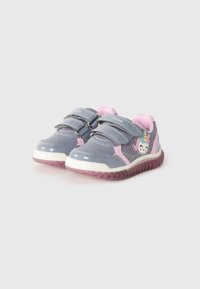 Gray sneakers with pink accents, mesh material, two Velcro straps, and a unicorn graphic. Rubber sole with a translucent pink bottom.