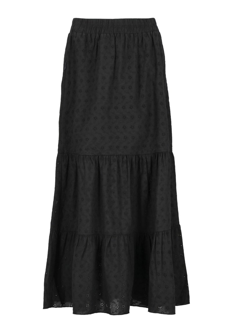 Gonna maxi nera con cintura elastica, design a strati e delicato motivo a intaglio floreale su tutta la superficie. Realizzata in tessuto leggero.