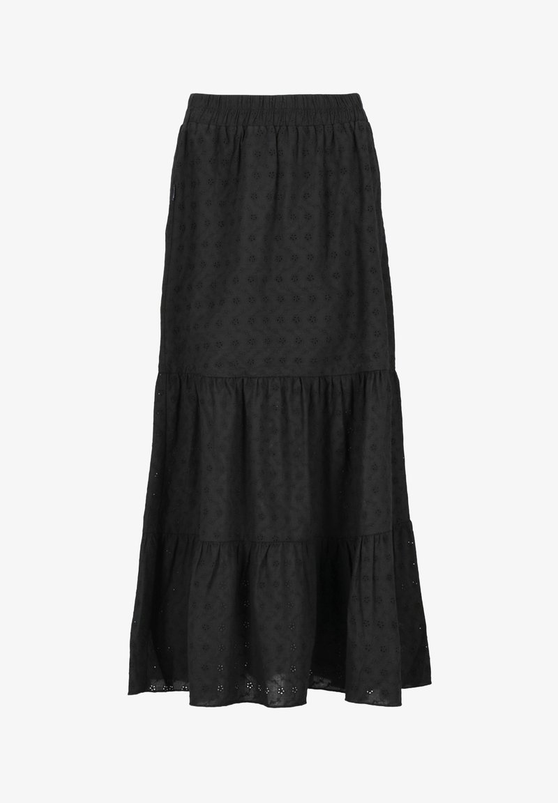Zwarte maxi rok met een elastische taille, gelaagd ontwerp en delicate bloemen uitsneden over de gehele rok. Gemaakt van een lichtgewicht stof.