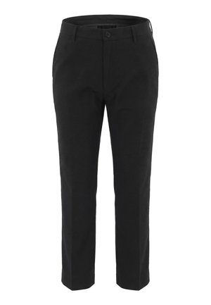 Pantaloni neri su misura con bottoni frontali e zip, passanti per cintura e tasche laterali, mostrati su sfondo bianco.