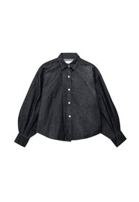 Tmavý denimová košeľa s dlhým rukávom, golierom, päťgombíkovým zapínaním a objemnými rukávmi. Mäkka textúra, voľný strih a zaoblený spodný lem.