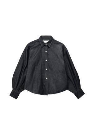 Tumši džinsa ilgā piedurkne krekls ar apkakli, piecu pogu aizdare un apjomīgām piedurknēm. Mīksta tekstūra, brīva piegriezuma un noapaļots apakšmalas dizains.