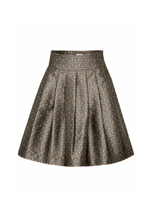 Brown pleated skirt featuring a patterned design with light-colored stripes and floral accents. Made from a textured fabric, with a fitted waistband.