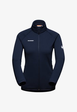 Marineblaue Fleecejacke mit hohem Kragen, durchgehendem Reißverschluss und elastischen Bündchen. Merkmale sind ein Logo auf der Brust und dem Arm sowie eine glatte Textur.