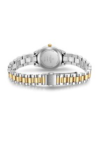 Orologio in acciaio inossidabile argento e oro con finitura lucida, cassa rotonda, bracciale a maglie metalliche e corona. Retro inciso con resistenza all'acqua.