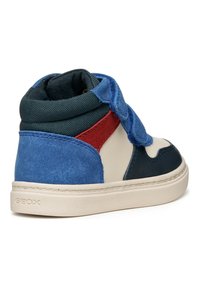 Baskets montantes avec un mélange de matériaux : suède bleu, cuir marine et textile rouge. Bande Velcro et semelle beige avec un logo en relief.