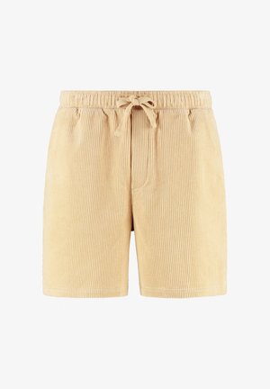 Gaiši dzelteni korduroja šorti ar elastīgu jostasvietu un auklu. Iespējas vertikāla ribota tekstūra un sānu kabatas.