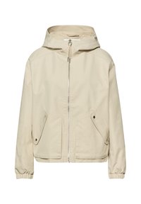 Giacca beige con cappuccio, cerniera frontale, due tasche frontali con patta e bottoni a pressione, e polsini elasticizzati.