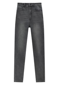 Dunkelgraue Jeans aus Denim mit hohem Bund, geradem Bein, fünf Taschen und einem Knopfverschluss. Dezente Ausbleichungen im Stoff.