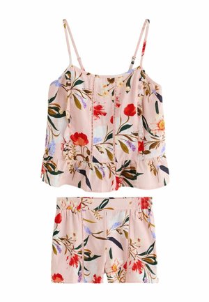 Top roz cu model floral, fără mâneci, cu tiv cu volane și pantaloni scurți asortați cu talie elastică, cu modele botanice roșii, purpurii și verzi.