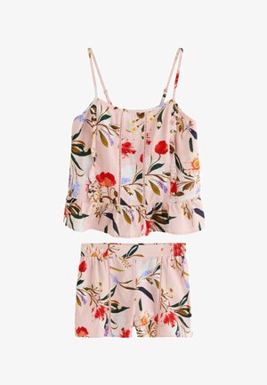 Top rosa floreale senza maniche con orlo arricciato e pantaloncini abbinati con vita elastica, con motivi botanici rossi, viola e verdi.