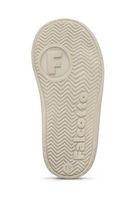 Gummisohle in Beige mit einem Zickzackprofil. Enthält den Buchstaben "F" in einem runden Emblem und den Markennamen "Falcotto."