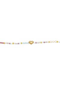 Colorful beaded bracelet featuring pastel beads, a gold heart charm, and white pearl accents, showcasing a mix of shapes and textures.