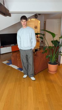 Camisola cinzenta, calças cinzentas largas com padrão xadrez e ténis brancos. Um sofá castanho e uma planta em vaso estão num ambiente interior bem iluminado.