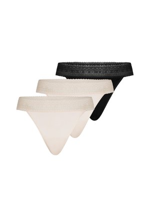 Three lace-trimmed women's thong underwear in black and beige, layered and displayed on a white background.