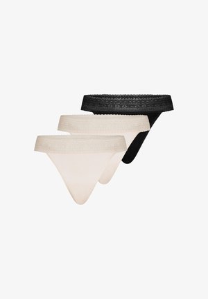 Three lace-trimmed women's thong underwear in black and beige, layered and displayed on a white background.