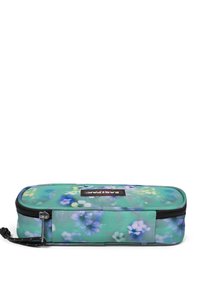 Astuccio floreale di colore verde chiaro con fiori viola e blu. Dotato di chiusura con zip e un anello per il trasporto. Materiale sintetico texturizzato.