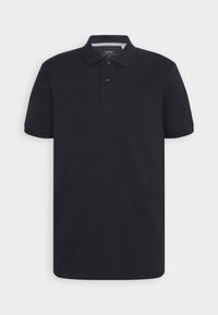 Polo shirt nera in cotone con colletto, pattina con due bottoni e maniche corte. Tessuto liscio senza motivi o dettagli visibili.