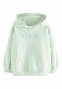 Svetlozelená mikina s kapucňou, predná vrecko a vyšívaným nápisom "BAKER BY TED BAKER" na hrudi, pruhované manžety a lem.
