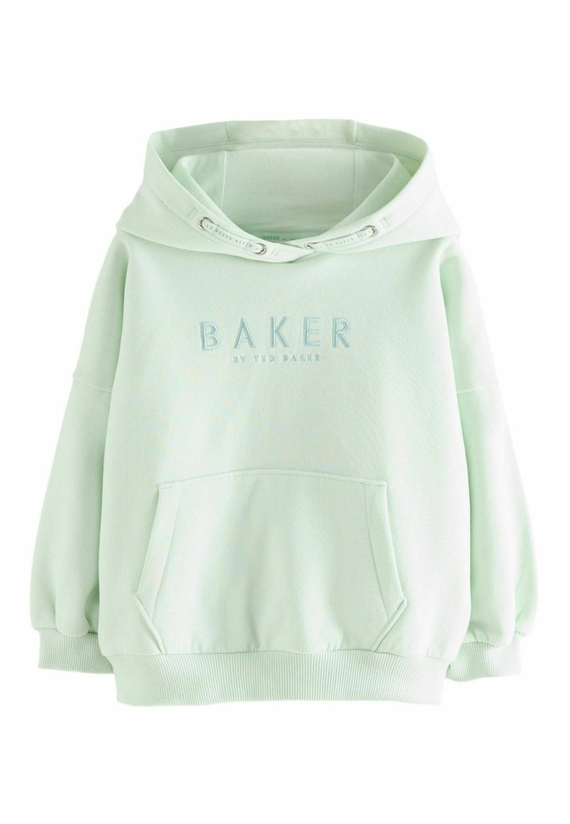 Svetlozelená mikina s kapucňou, predná vrecko a vyšívaným nápisom "BAKER BY TED BAKER" na hrudi, pruhované manžety a lem.