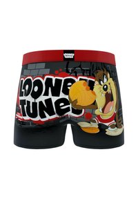 Un boxer Looney Tunes à fond noir avec des graphismes vibrants de Taz, une ceinture rouge et du texte de style graffiti.