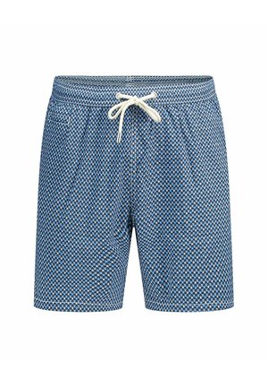 Costume da bagno da uomo con motivo blu e bianco, con coulisse bianca e vita elastica, lunghezza al ginocchio e taglio diritto.