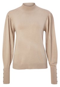 Jasno-beżowy sweter z dzianiny z wysokim kołnierzem, bufiastymi rękawami i guzikami na mankietach. Gładka faktura i dopasowana talia.