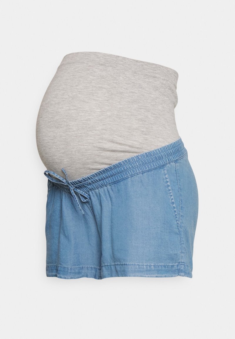 Denim maternity shorts with an elastic gray waistband and drawstring, featuring a relaxed fit and a short length. Soft texture and casual design.